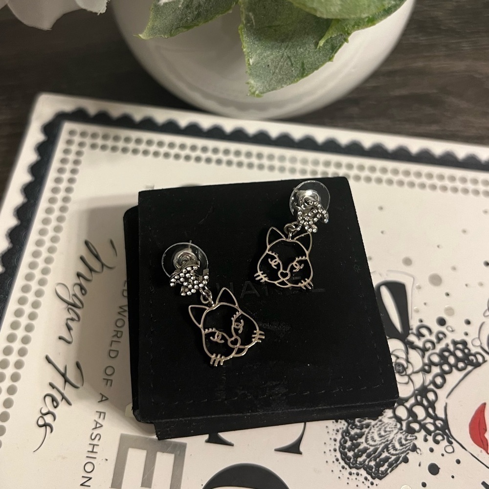 Chanel Silver Crystal CC Cat‎ Dangle Earrings